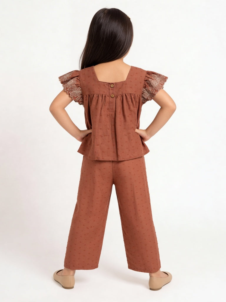 HOP Kids Girls Light Brown Floral Embroidered High-Rise Cotton Pants