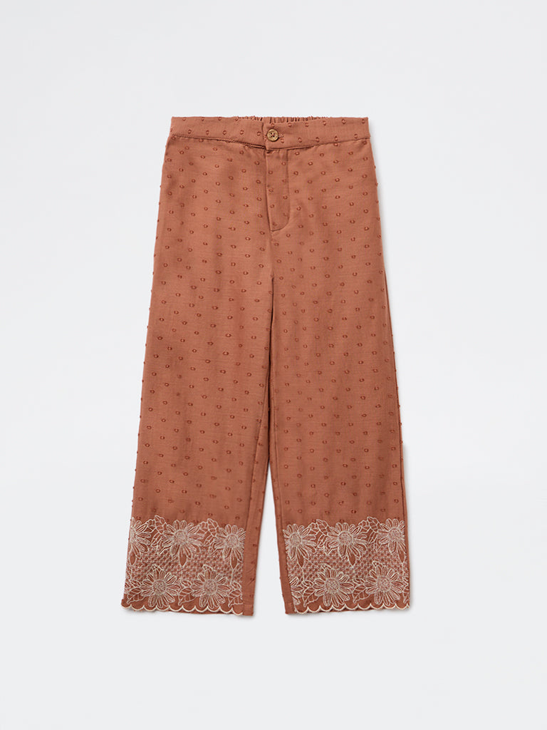 HOP Kids Girls Light Brown Floral Embroidered High-Rise Cotton Pants