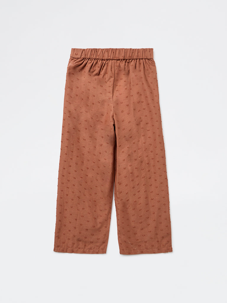 HOP Kids Girls Light Brown Floral Embroidered High-Rise Cotton Pants