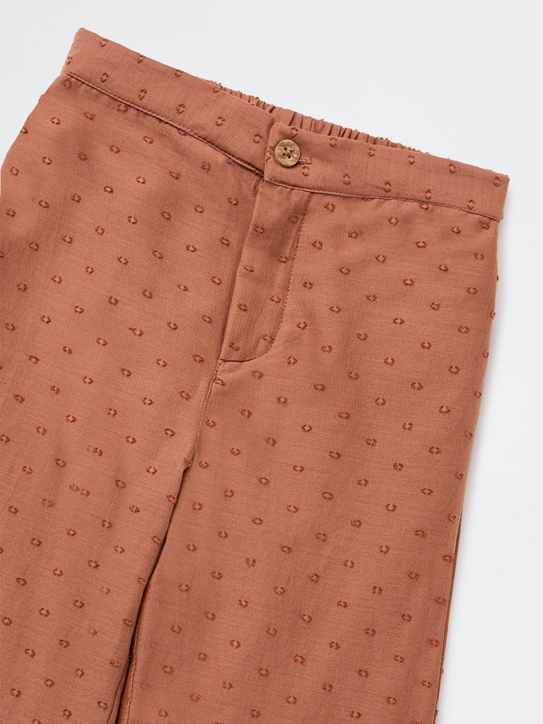 HOP Kids Girls Light Brown Floral Embroidered High-Rise Cotton Pants