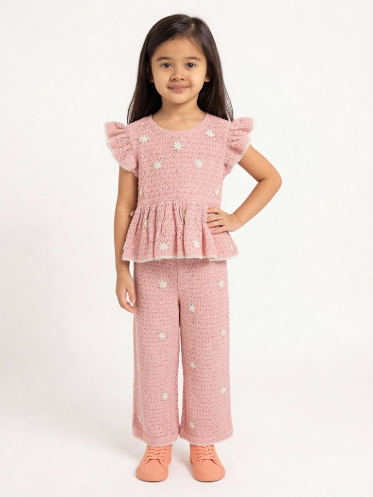 HOP Kids Girls Dusty Pink Crochet-Knit High-Rise Cotton Pants