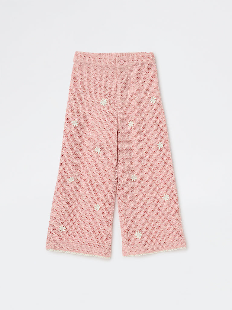 HOP Kids Girls Dusty Pink Crochet-Knit High-Rise Cotton Pants