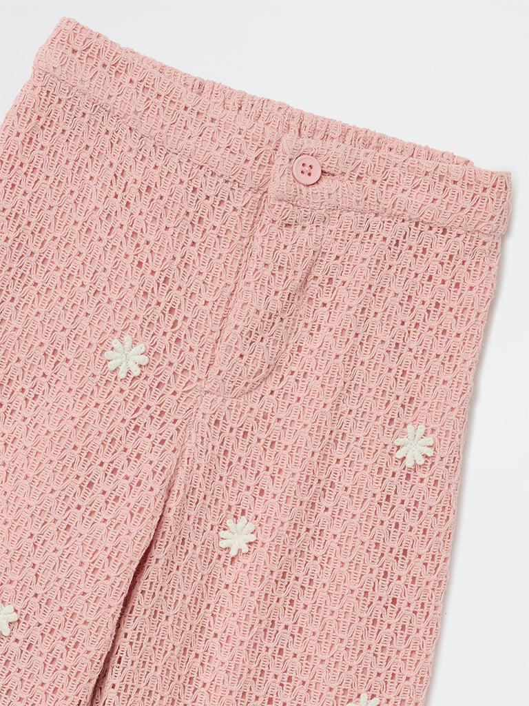 HOP Kids Girls Dusty Pink Crochet-Knit High-Rise Cotton Pants
