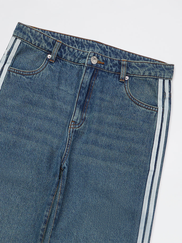 Girls Blue Striped High-Rise Relaxed-Fit Jeans