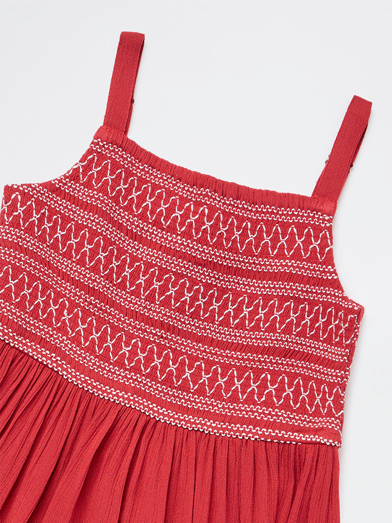 Utsa Kids Girls Red Embroidered Tiered Dress - (2-8 yrs)