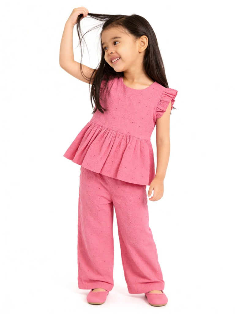 Utsa Kids Girls Pink Floral Embroidered Cotton Peplum Top - ( 2-8 yrs)