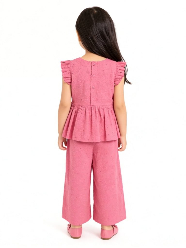 Utsa Kids Girls Pink Floral Embroidered Cotton Peplum Top - ( 2-8 yrs)