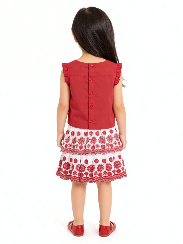 Utsa Kids Girls Red Floral Embroidered Cotton Top - (2-8 yrs)