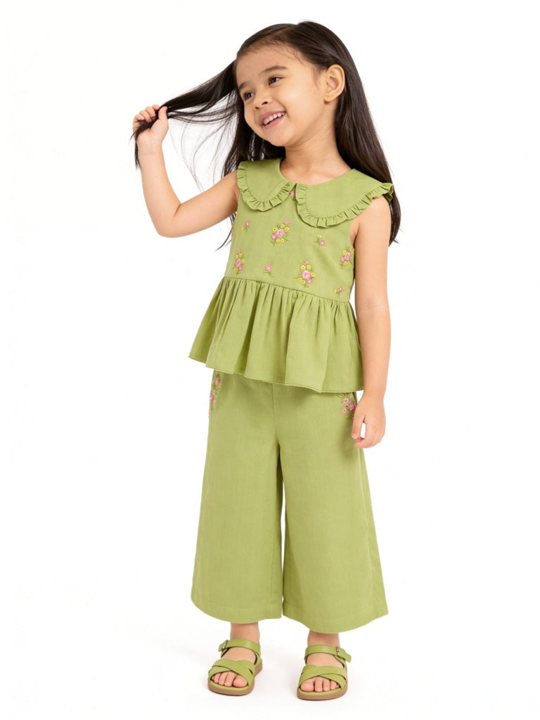 Utsa Kids Girls Lime Floral Embroidered Cotton-Blend Top - (2-8 yrs)