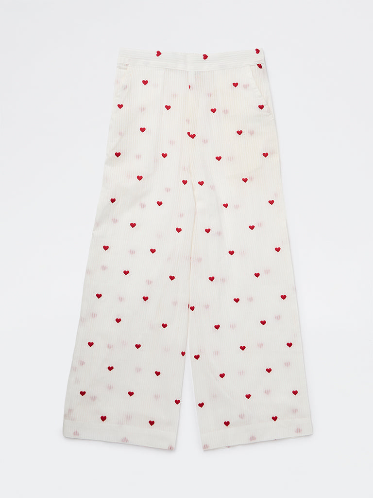 Utsa Kids Girls White Heart Embroidered Cotton Pants - (8-14 yrs)