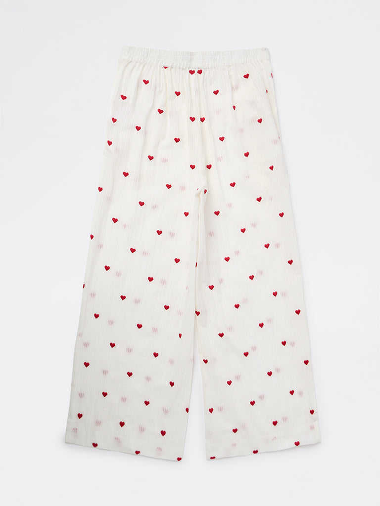 Utsa Kids Girls White Heart Embroidered Cotton Pants - (8-14 yrs)