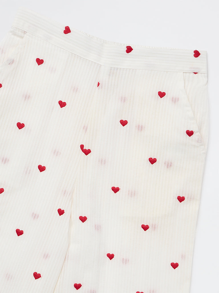 Utsa Kids Girls White Heart Embroidered Cotton Pants - (8-14 yrs)