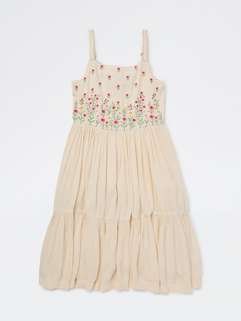 Utsa Kids Girls Light Peach Floral Embroidered A-Line Dress - (8-14 yrs)