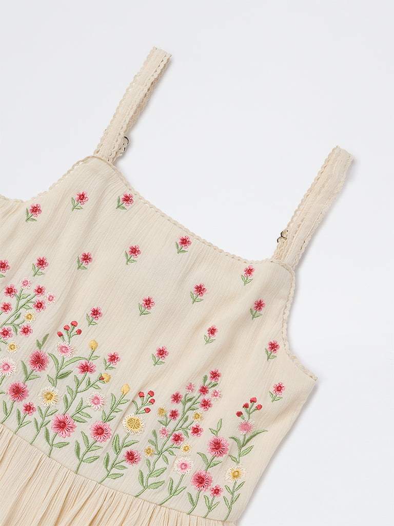 Utsa Kids Girls Light Peach Floral Embroidered A-Line Dress - (8-14 yrs)