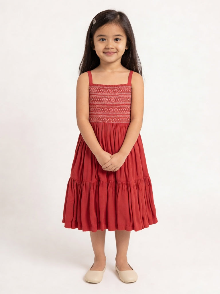 Utsa Kids Girls Red Embroidered Tiered Dress - (2-8 yrs)