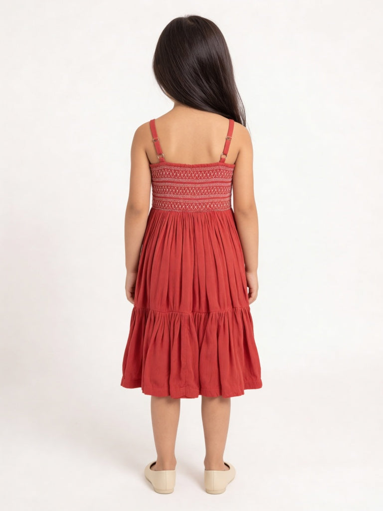 Utsa Kids Girls Red Embroidered Tiered Dress - (2-8 yrs)