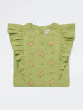 Utsa Kids Girls Lime Floral Embroidered Cotton-Blend Top - (8-14 yrs)
