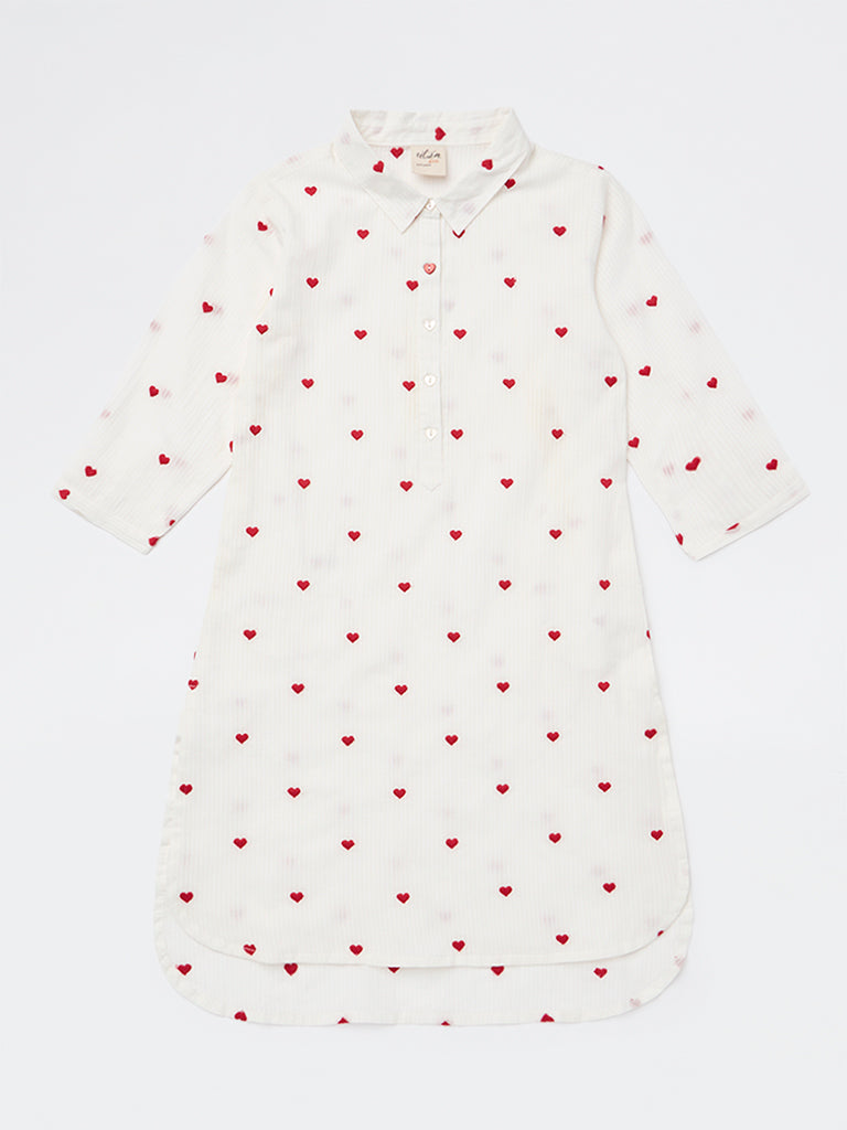 Utsa Kids Girls White Heart Embroidered Cotton Tunic - (8-14 yrs)