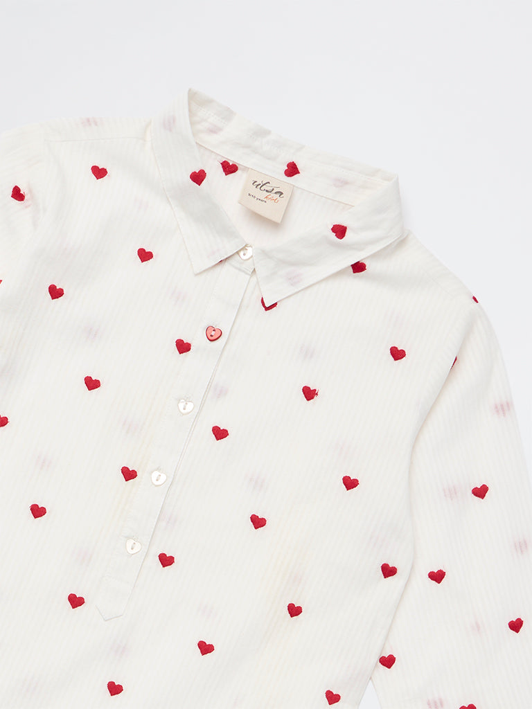 Utsa Kids Girls White Heart Embroidered Cotton Tunic - (8-14 yrs)