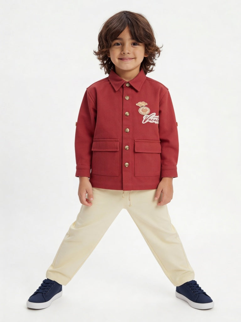HOP Kids Boys Red Embroidered Cotton Shirt