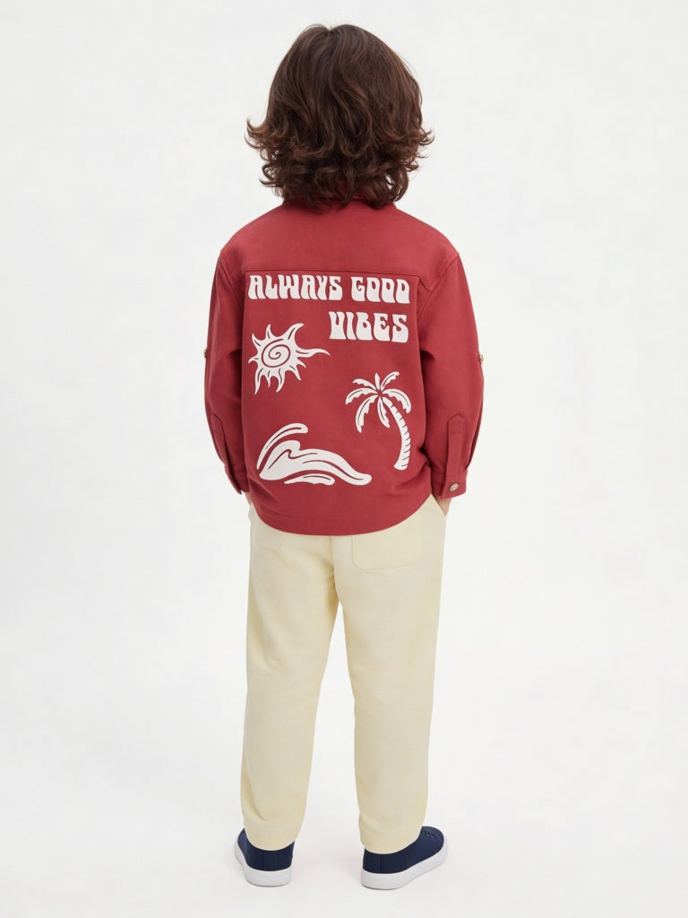 HOP Kids Boys Red Embroidered Cotton Shirt