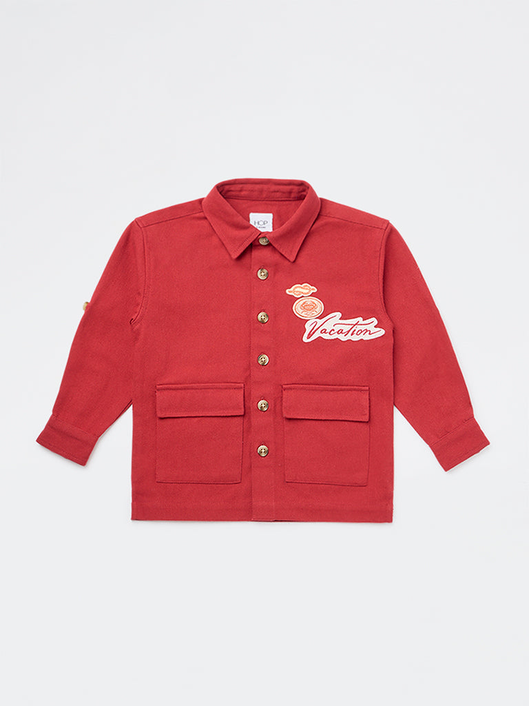 HOP Kids Boys Red Embroidered Cotton Shirt
