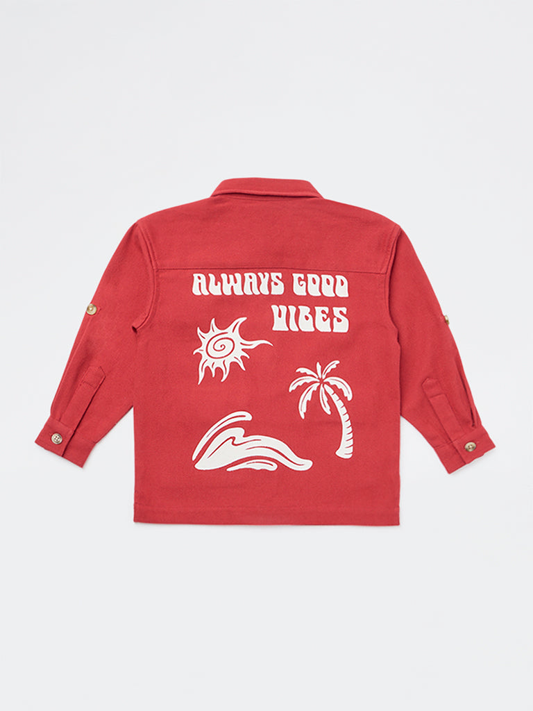 HOP Kids Boys Red Embroidered Cotton Shirt