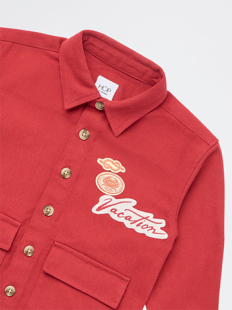 HOP Kids Boys Red Embroidered Cotton Shirt