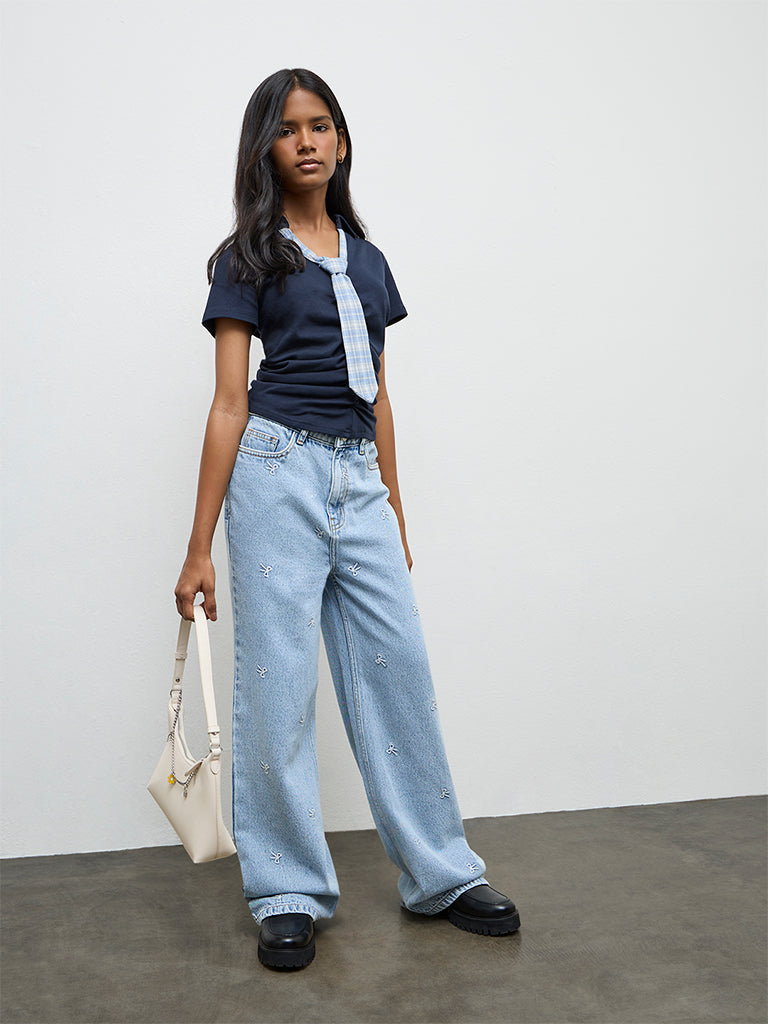 Girls Blue Embroidered High-Rise Jeans