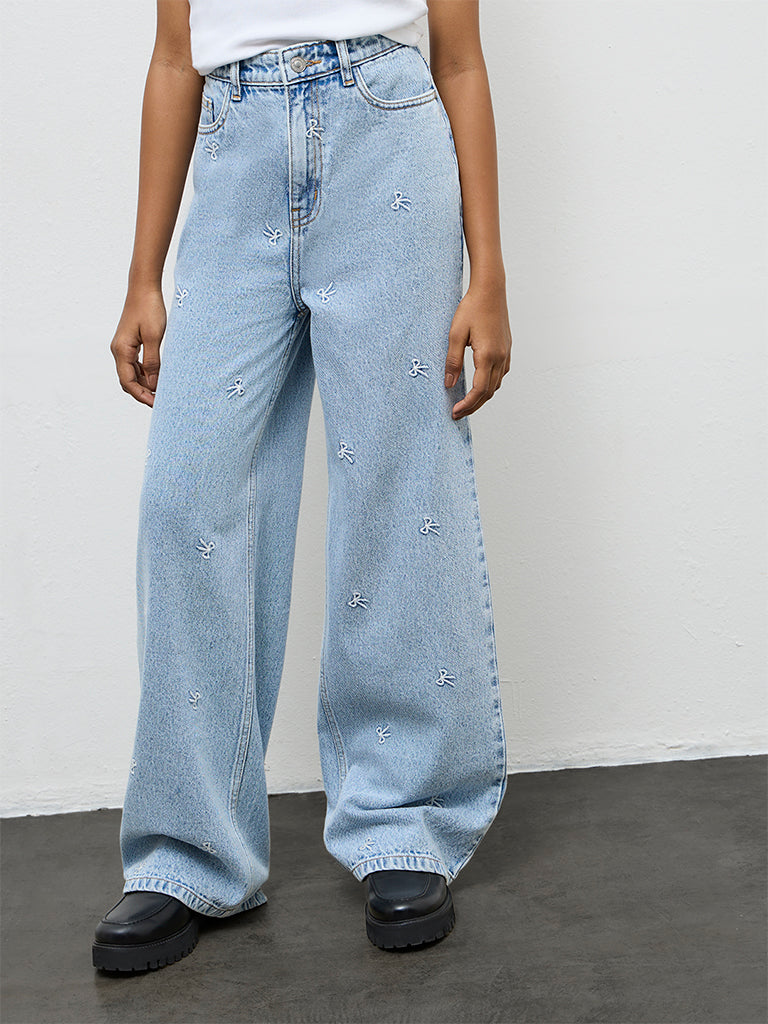 Girls Blue Embroidered High-Rise Jeans