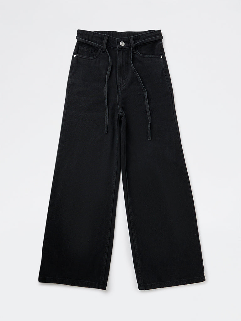 Girls Black High-Rise Jeans with Belt