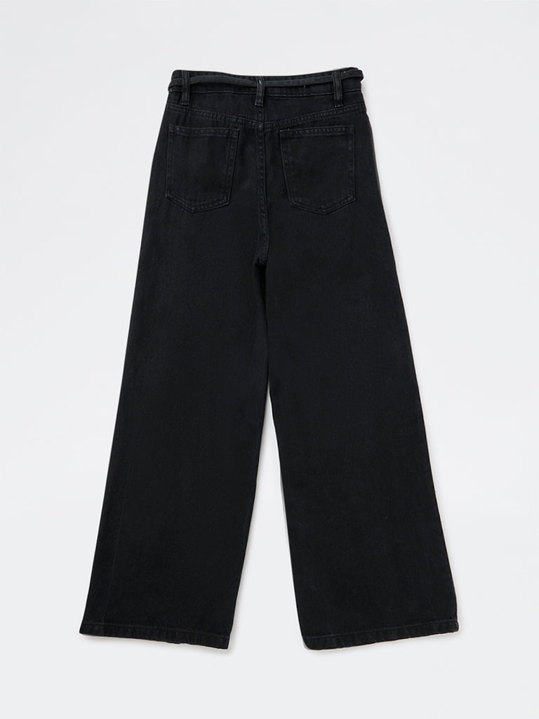 Girls Black High-Rise Jeans with Belt