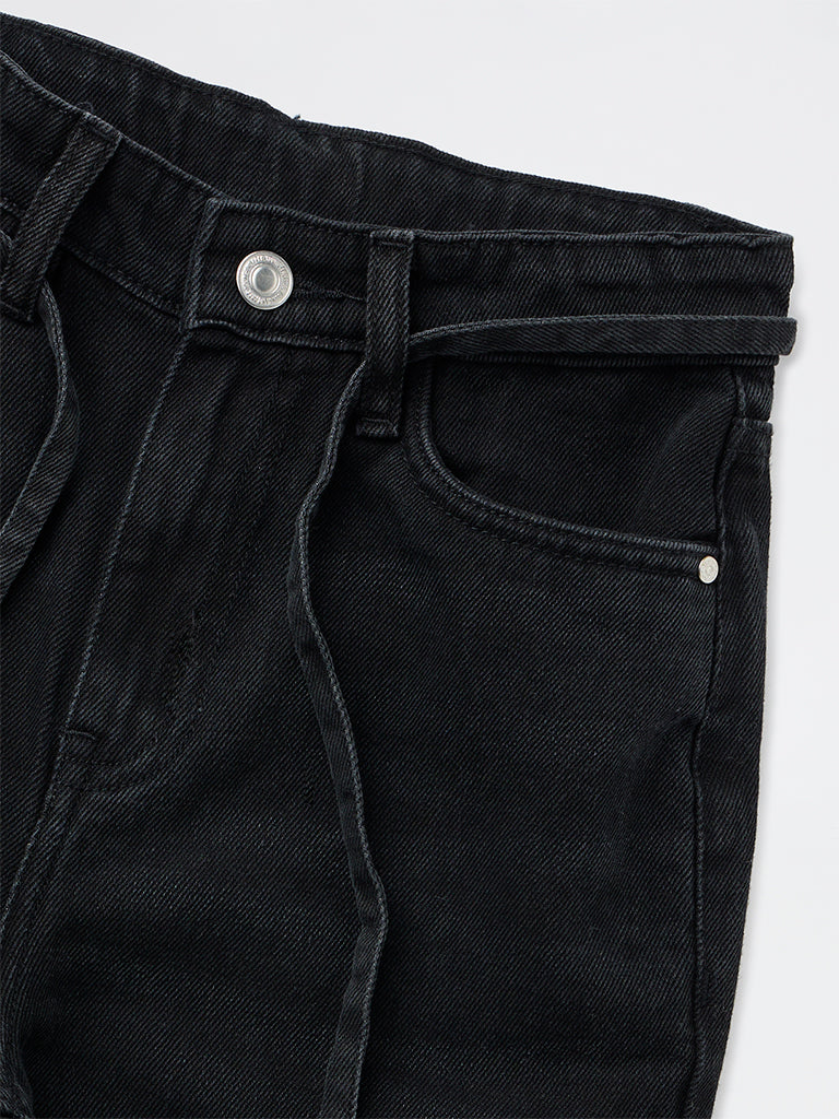 Girls Black High-Rise Jeans with Belt