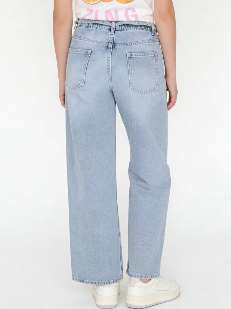 Girls Light Blue High-Rise Relaxed-Fit Belt-Detailed Jeans