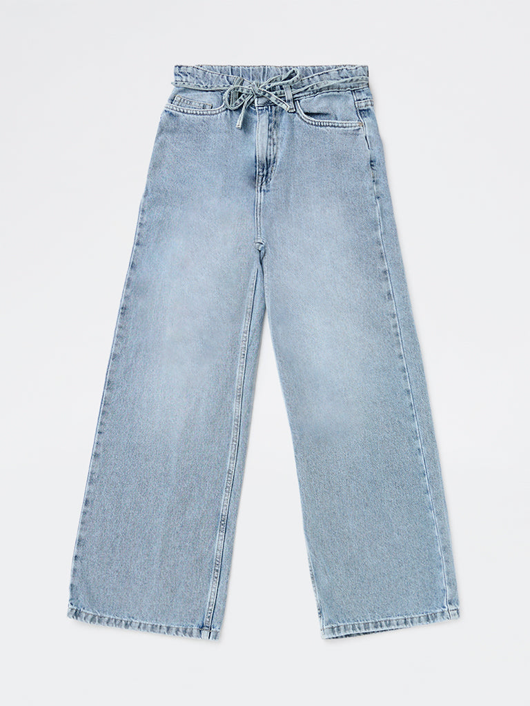 Girls Light Blue High-Rise Relaxed-Fit Belt-Detailed Jeans
