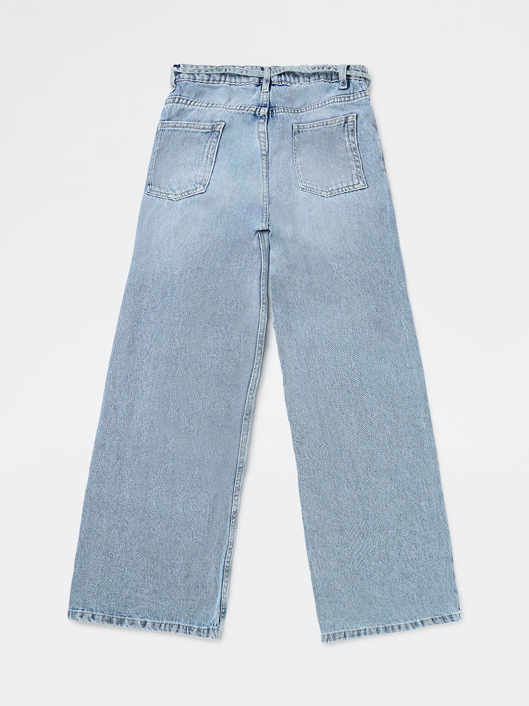 Girls Light Blue High-Rise Relaxed-Fit Belt-Detailed Jeans