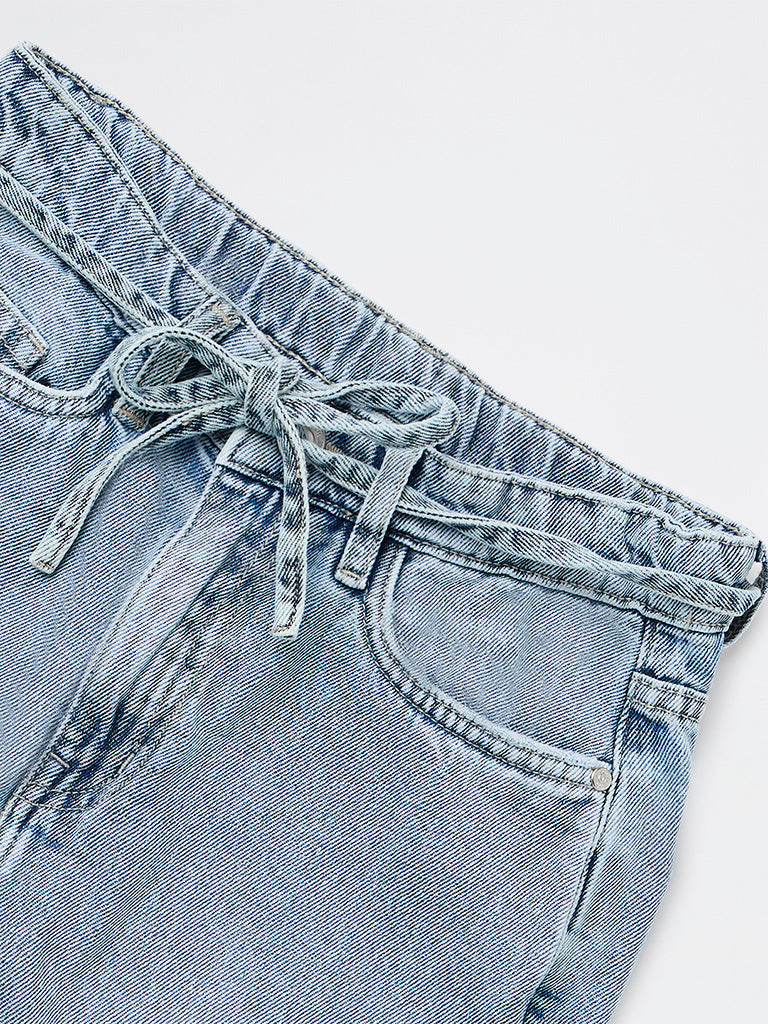 Girls Light Blue High-Rise Relaxed-Fit Belt-Detailed Jeans
