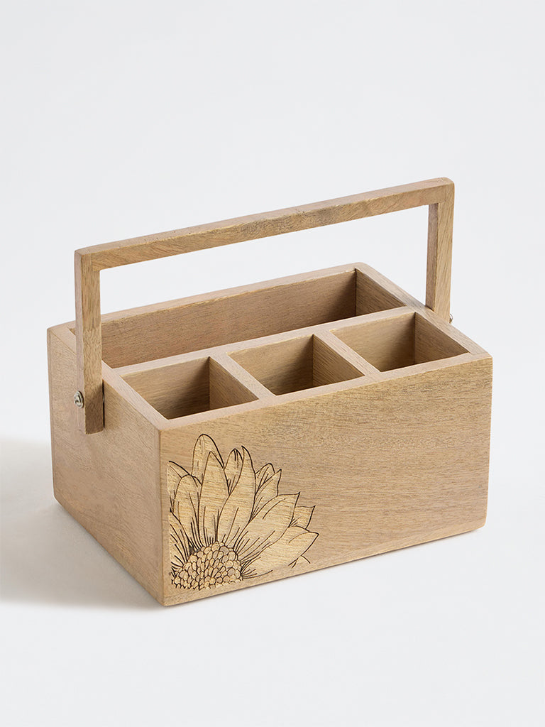 Westside Home Light Brown Sunflower Design Wooden Caddy