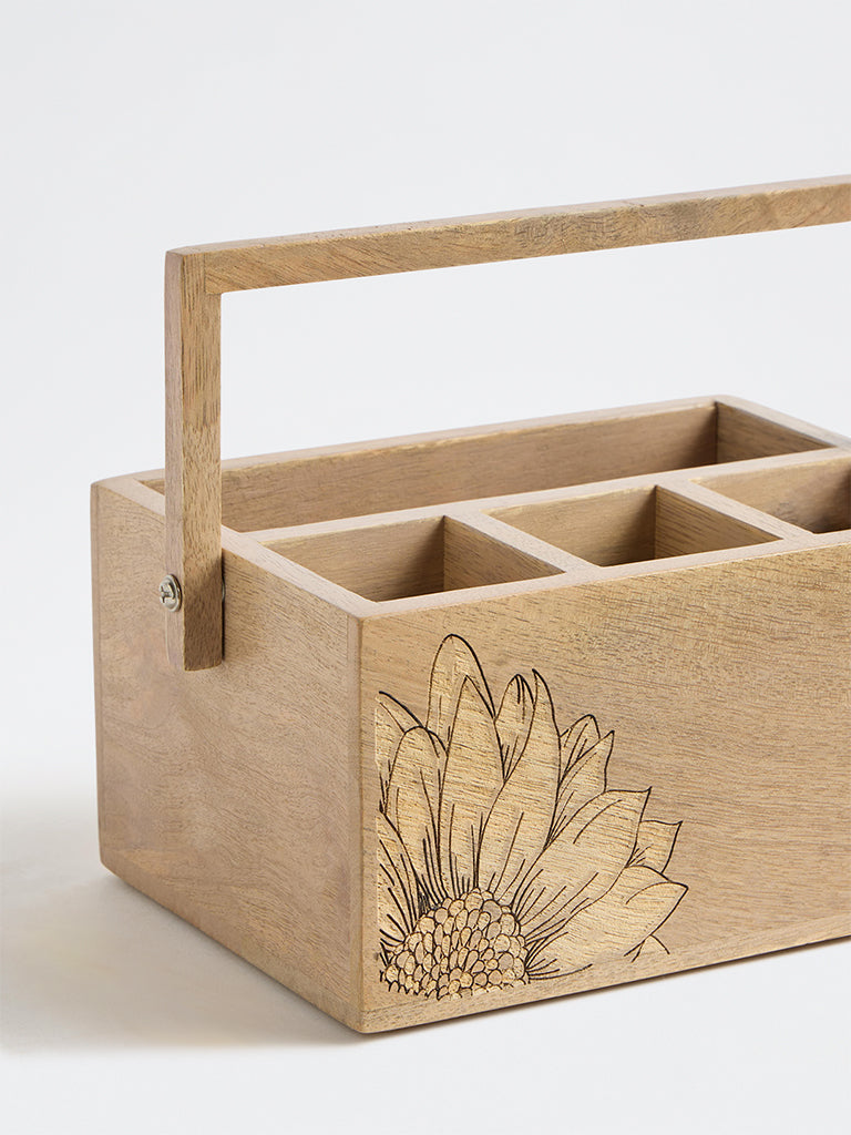 Westside Home Light Brown Sunflower Design Wooden Caddy