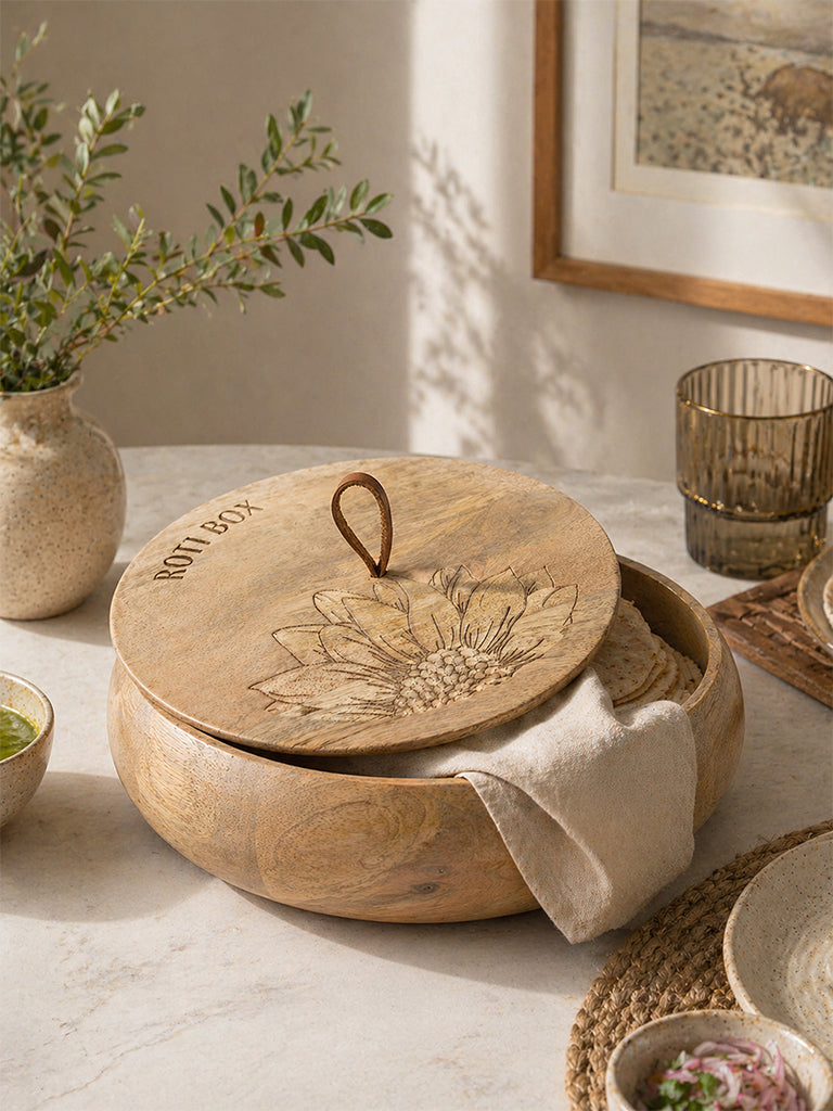 Westside Home Light Brown Sunflower Design Wooden Roti Box with Lid