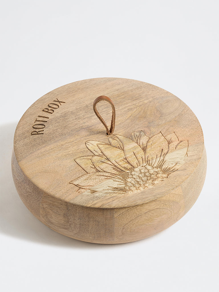 Westside Home Light Brown Sunflower Design Wooden Roti Box with Lid