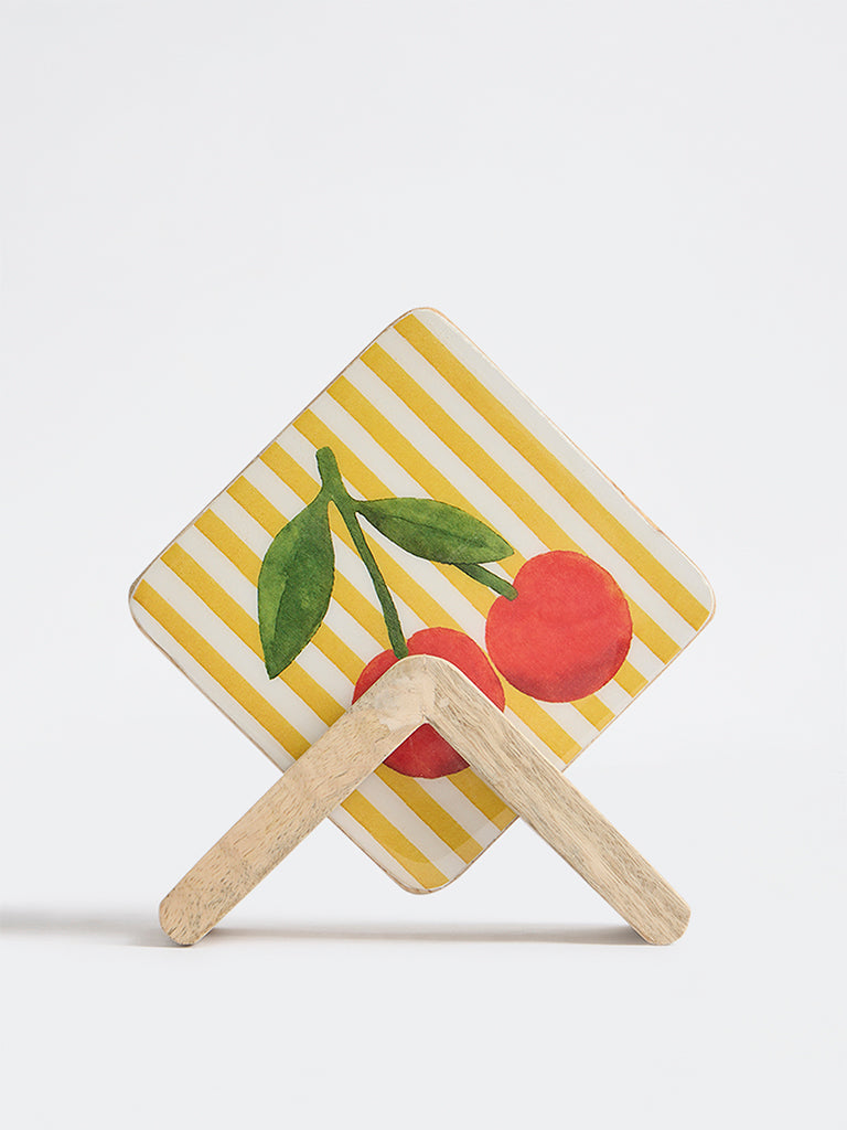 Westside Home Yellow and Red Cherry Printed Coasters with Stand - Set of 4