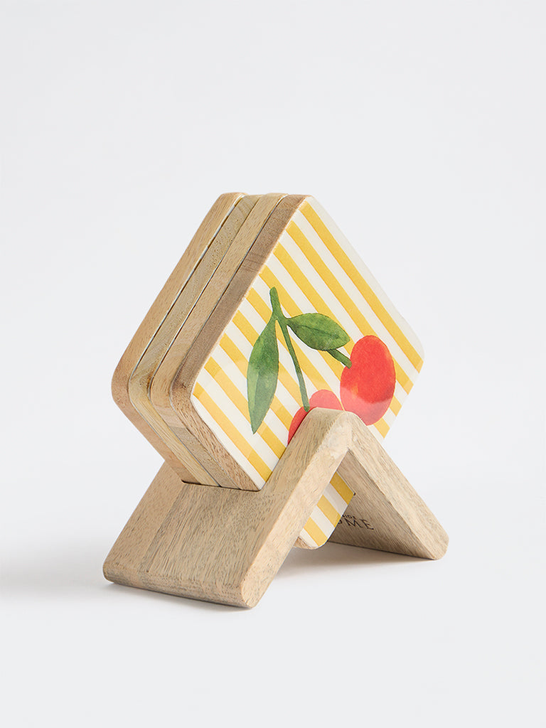 Westside Home Yellow and Red Cherry Printed Coasters with Stand - Set of 4