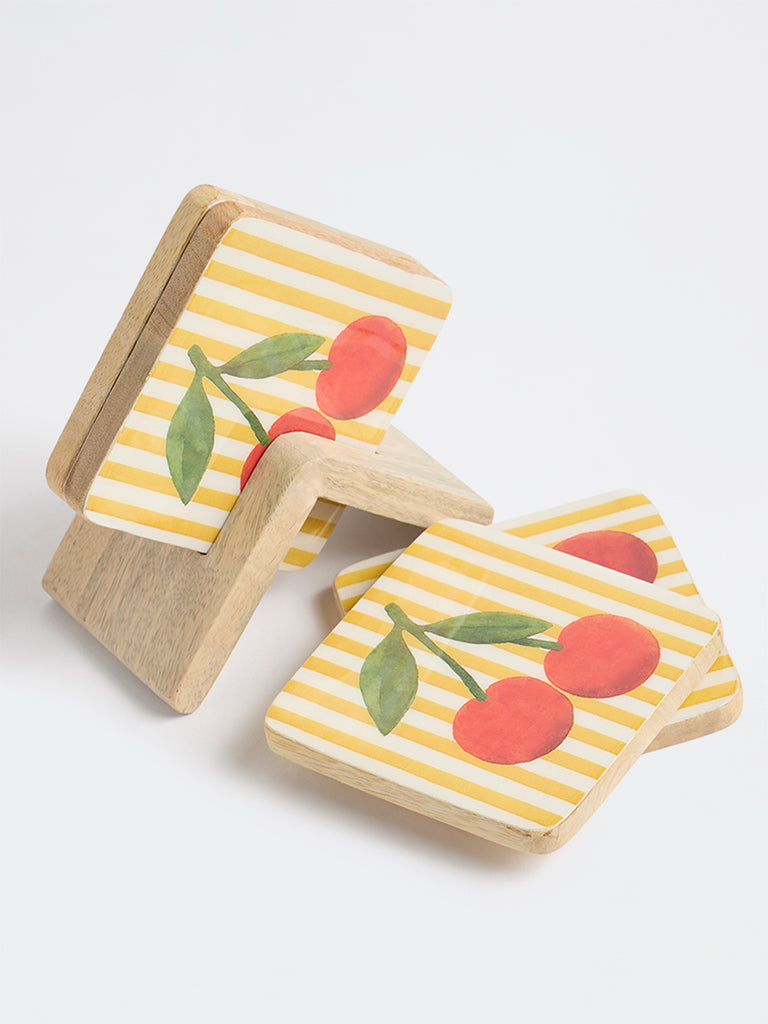 Westside Home Yellow and Red Cherry Printed Coasters with Stand - Set of 4