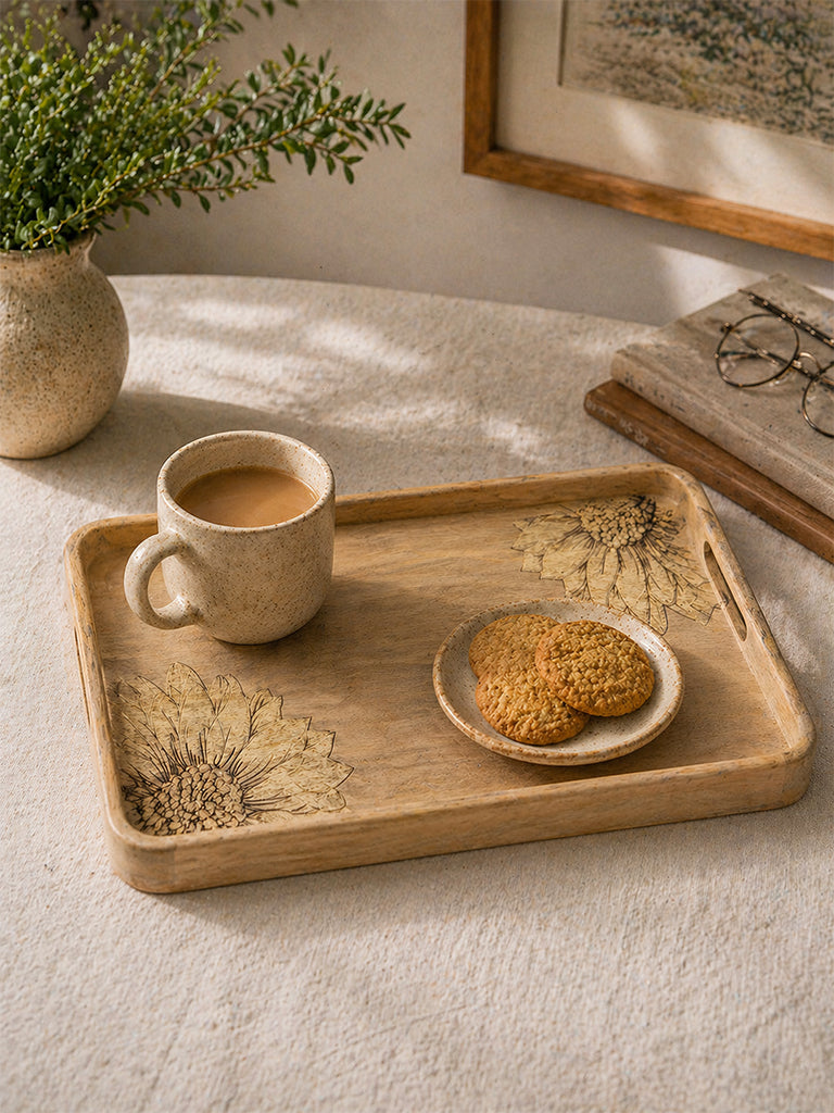 Westside Home Light Brown Sunflower Design Wooden Tray