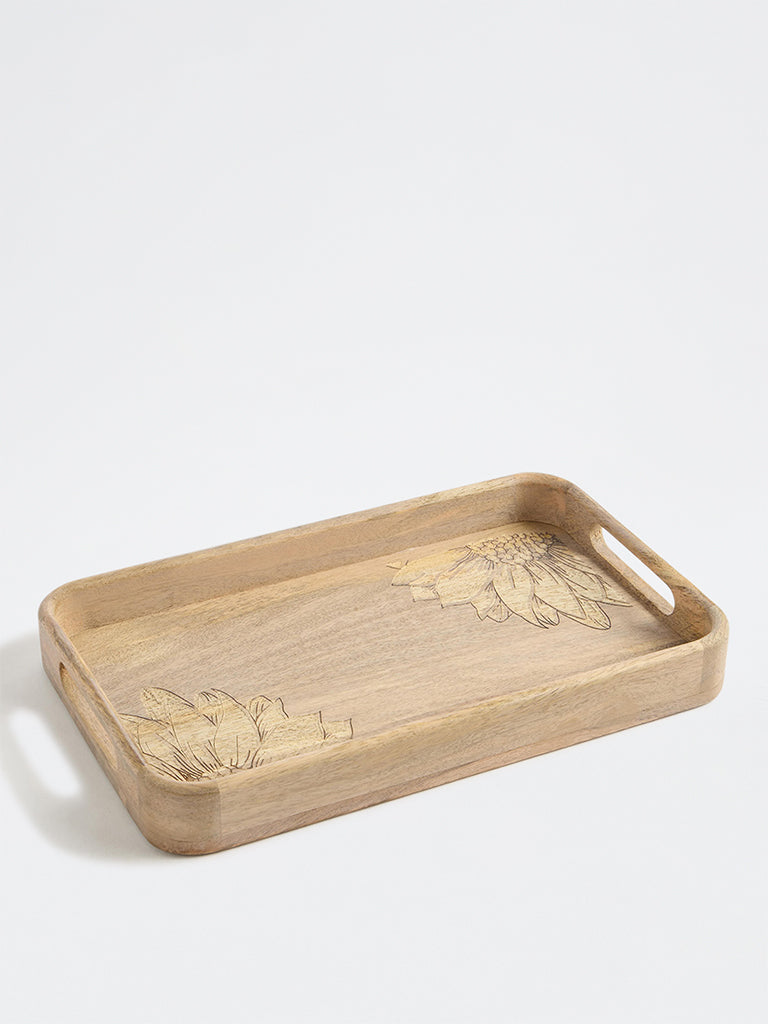 Westside Home Light Brown Sunflower Design Wooden Tray