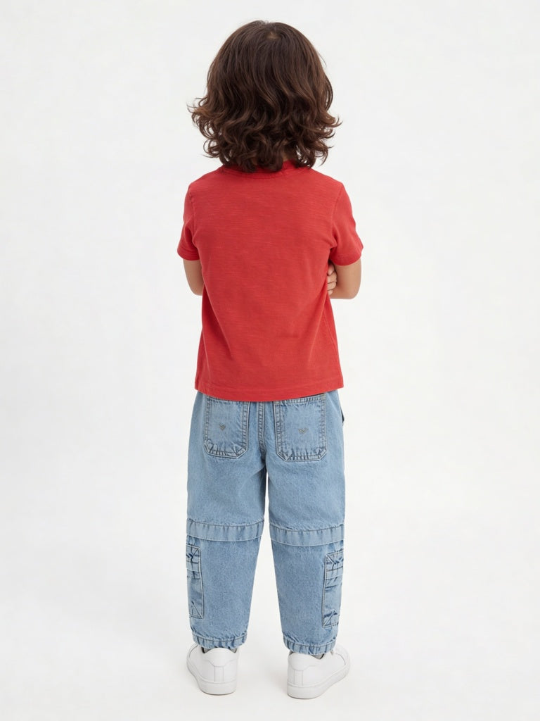 HOP Kids Boys Red Animal Embroidered Cotton T-Shirt
