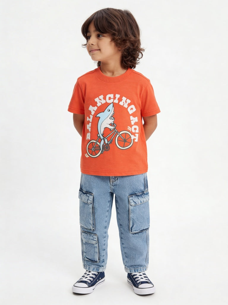 HOP Kids Boys Orange Graphic Printed Cotton T-Shirt