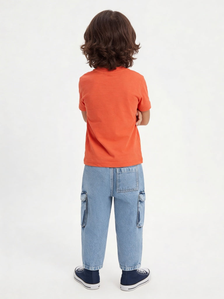 HOP Kids Boys Orange Graphic Printed Cotton T-Shirt