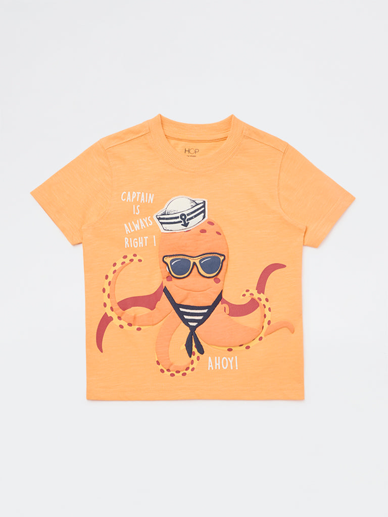HOP Kids Boys Orange Animal Pattern Cotton T-Shirt